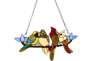 HUORUIKY Tiffany Style Stained Glass Window Panel with Chain, 4 Birds Handcraft Stained Glass Window Hanging, Glass Ornaments Wall Décor Hanging Art,Length:16XHeight: 9 inches
