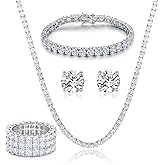 Gemsme 18K Yellow Gold Plated Tennis Necklace/Bracelet/Earrings/3 Row Ring Sets Pack of 4