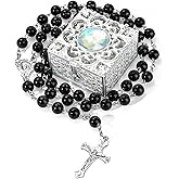 NCPLYGOU 8mm Rosary Beads Necklace, Rosary Beads Catholic for Men and Women Comes in a Metal Gift Box, First Communion Rosary Necklace as Gifts(Black)