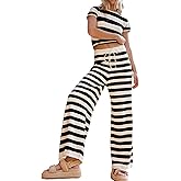 TAQCUX Womens Two Piece Striped Set Short Sleeve Crop Top and Wide Leg Pants Knit Matching Sets