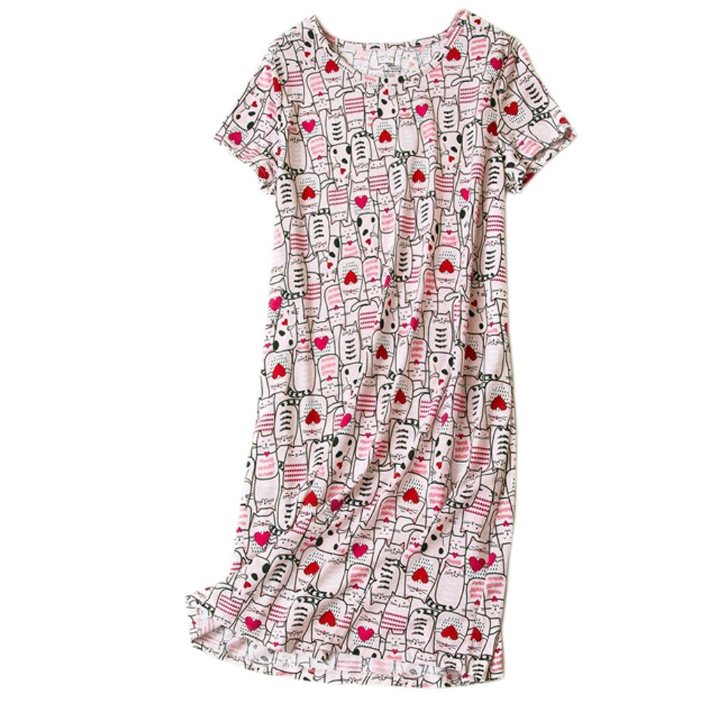 ENJOYNIGHT Womens Cotton Sleepwear Short Sleeves Print Sleepshirt Sleep Tee (Kitty, XXL)