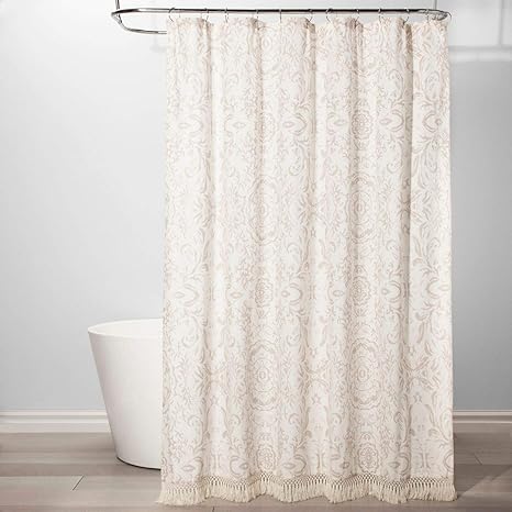 Amazon Com Threshold Floral Fringed Fabric Shower Curtain Ivory