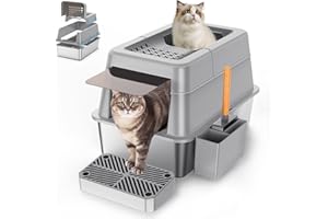 Stainless Steel Litter Box with Lid, XL Extra Large Enclosed Cat Litter Box for Big Cats 110° Flip Cover, Top Entry Metal Hig