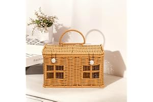 Covzoe Small Rattan House Shaped Basket, Mini Creative Garden Harvest Plastic Wicker Shelf Organizer with Lid, Decorative Hand Woven Small Doll House Picnic Basket for Easter, Storage, Farmhouse Home