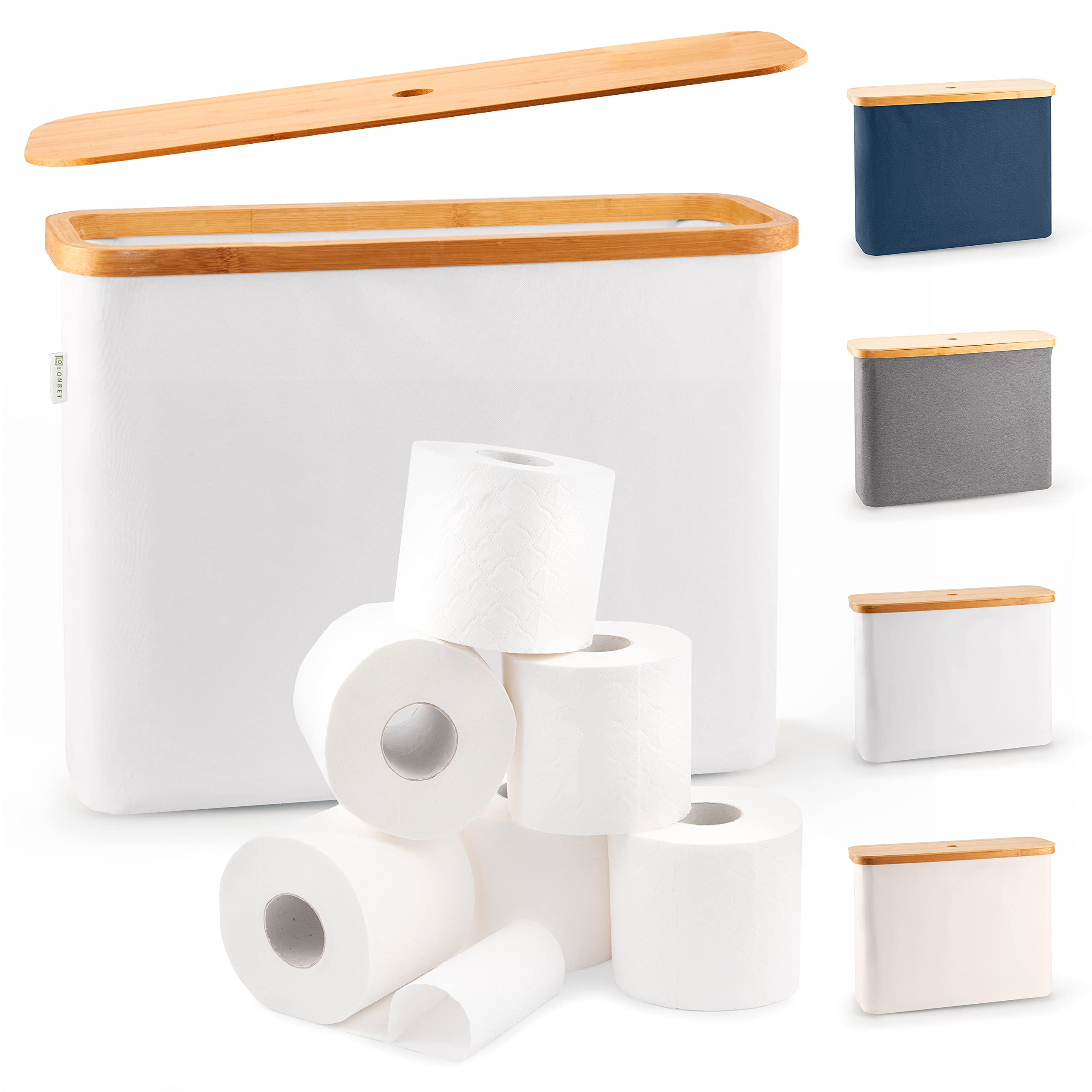 LONBET Toilet Roll Storage for 12 Rolls, Stackable & Foldable - The Ultimate Bathroom Organizer - Waterproof Toilet Paper Storage with Bamboo Lid - Elegant Toilet Roll Basket, Light Gray — image 1