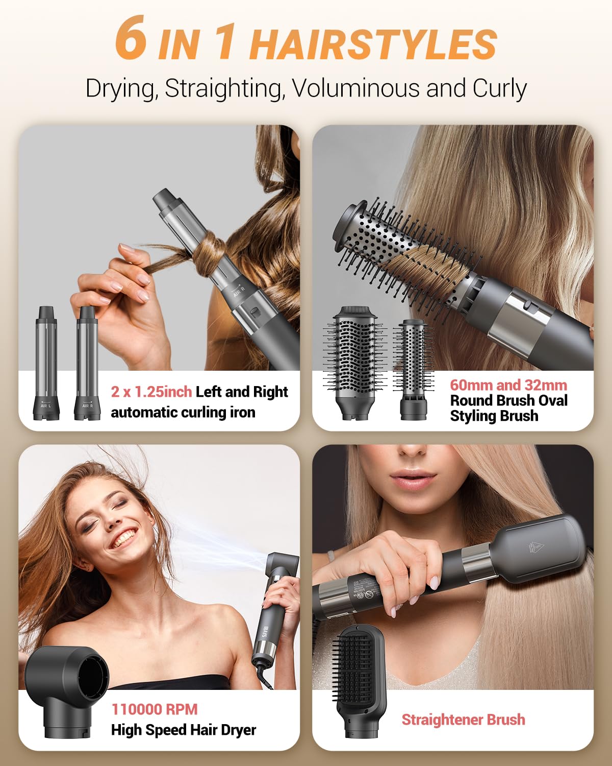 Hair Dryer Brush 6 in 1 Professional Hot Air Styler, 110,000 RPM High-Speed Negative Ionic Hair Dryer, Auto Wrap Curler Frizz-Free Blow Dryer Brush for Curling Volumizing Straightening Styling