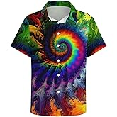 Liohans Hawaiian Mysterious Psychedelic Rainbow Totem Tie-Dye Lapel Pocket Short Sleeved Shirt Button Shirt