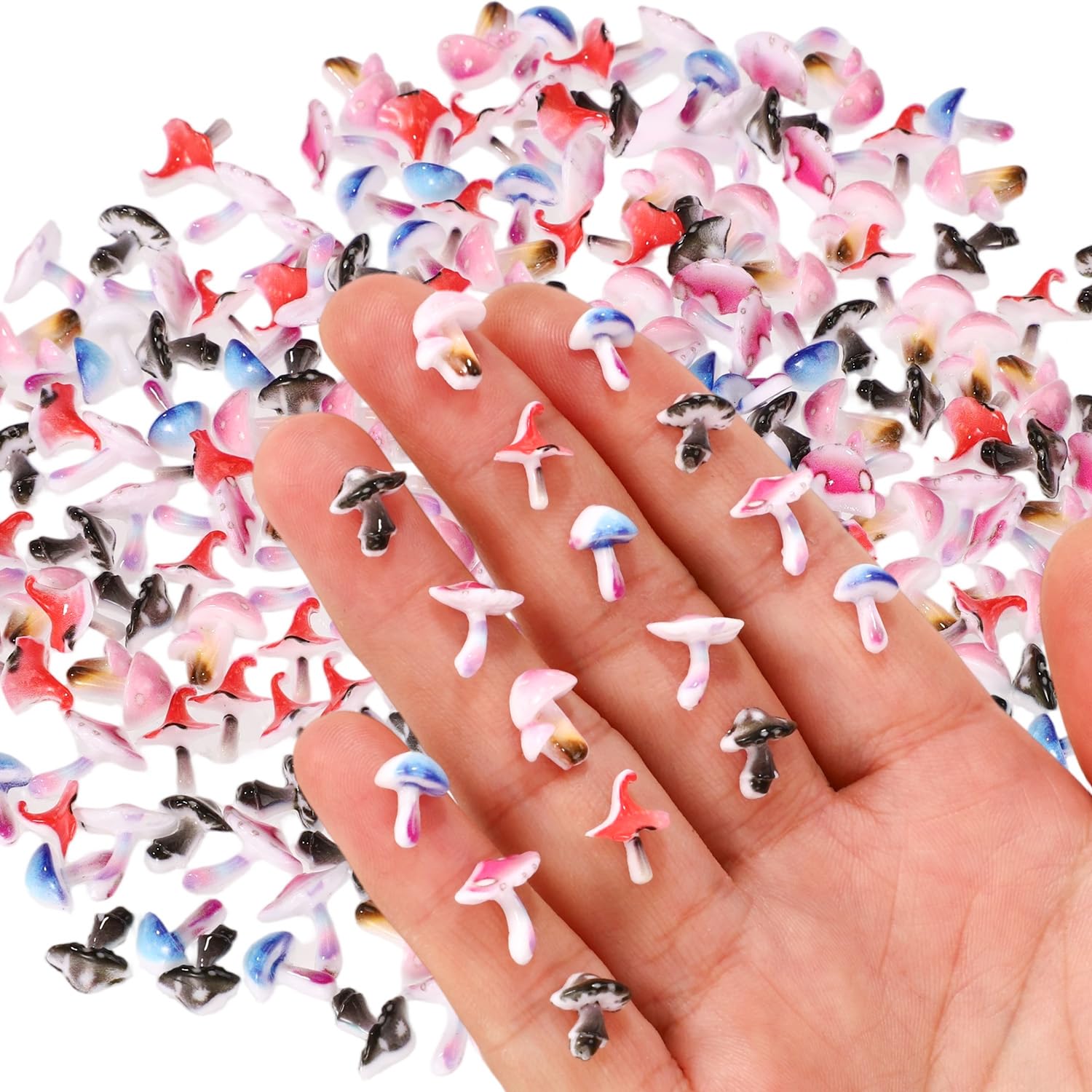 Lyreh 210pcs Tiny Mushroom Decor, Mini Resin Mushroom Figurines Cute Colorful Resin Decoration for Fairy Garden Dollhouse Micro Landscaping (5 Styles)