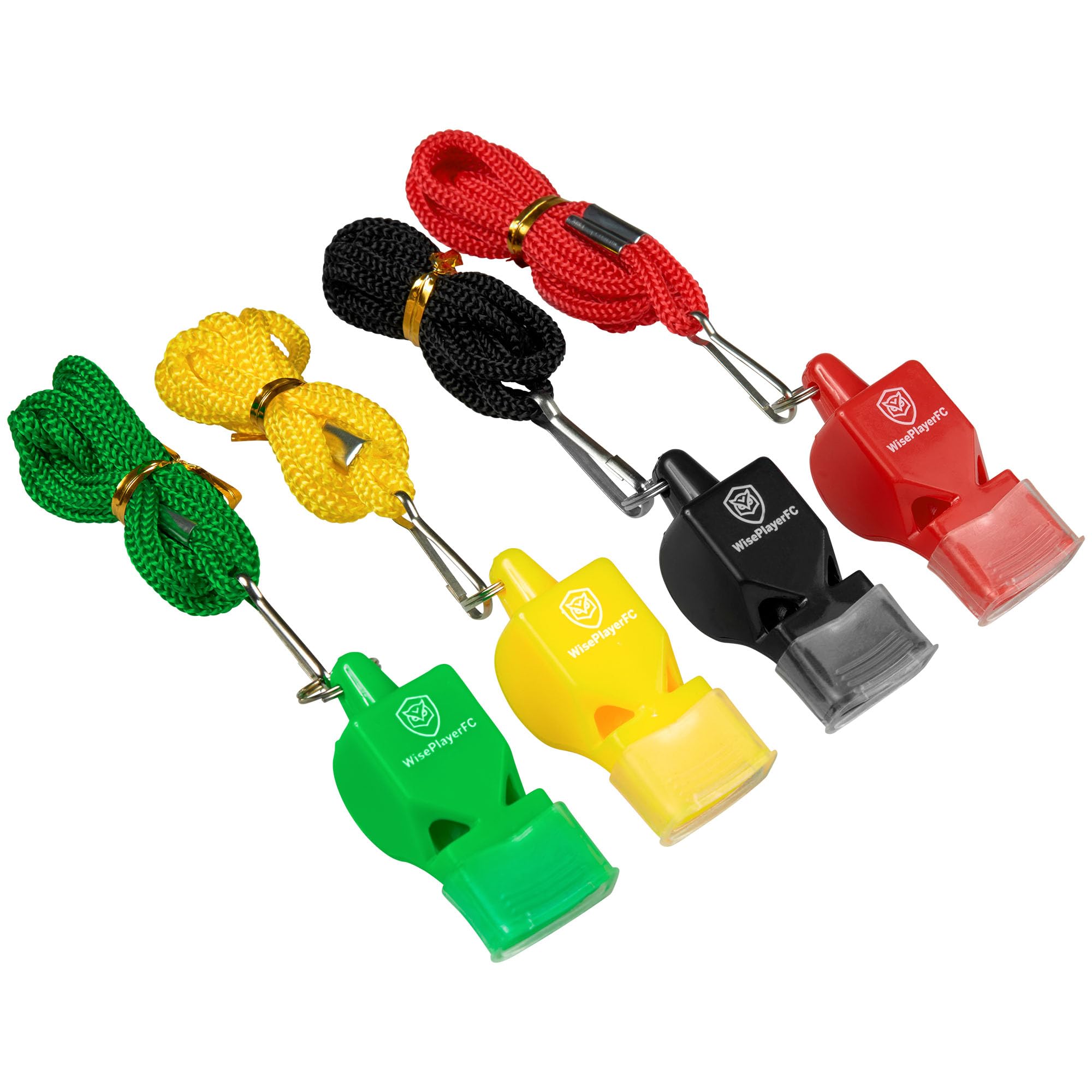 WISEPLAYERFC Football Coach Whistles - 4 Multicolour Referee Whistles with Lanyard and Bag