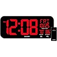 SHARP Large Oversized Screen LED Clock with Outdoor/Indoor Temperature with Outdoor Sensor, with Date and Day of Week – 14 inch Clock with 4 inch Digits