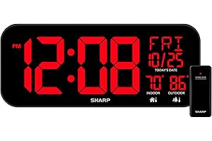 Sharp Large Oversized Screen LED Clock with Outdoor/Indoor Temperature with Outdoor Sensor, with Date and Day of Week – 14 inch Clock with 4 inch Digits