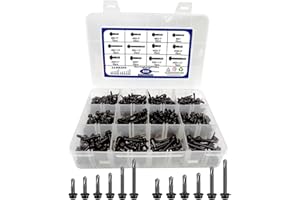 ZAMBASE 450 PCS 410 Stainless Steel Hex #8#10 Self Tapping Screws for Metal, Self Drilling Screws Assortment Kit, Black Oxide, Length 1/2" to 1-1/2'' (Hex #8#10 x1/2" to 1-1/2")