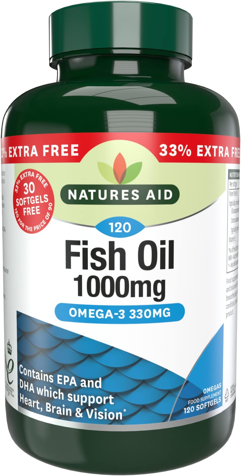 Natures Aid Fish Oil 1000 mg – Omega-3 DHA EPA 120 Softgels High Strength