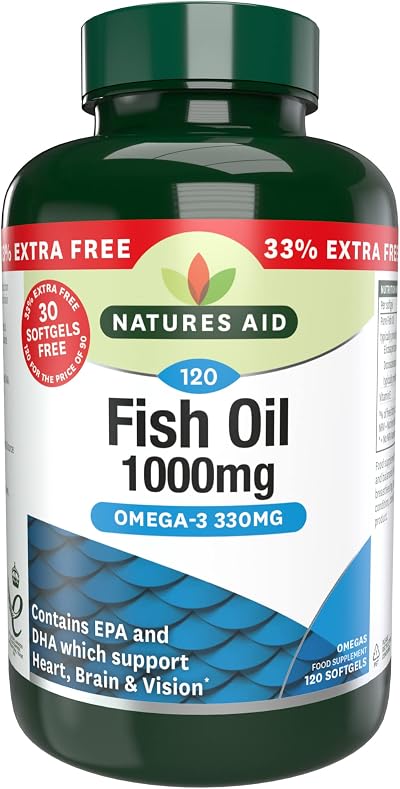 Natures Aid Fish Oil 1000 mg – Omega-3 DHA EPA 120 Softgels High Strength
