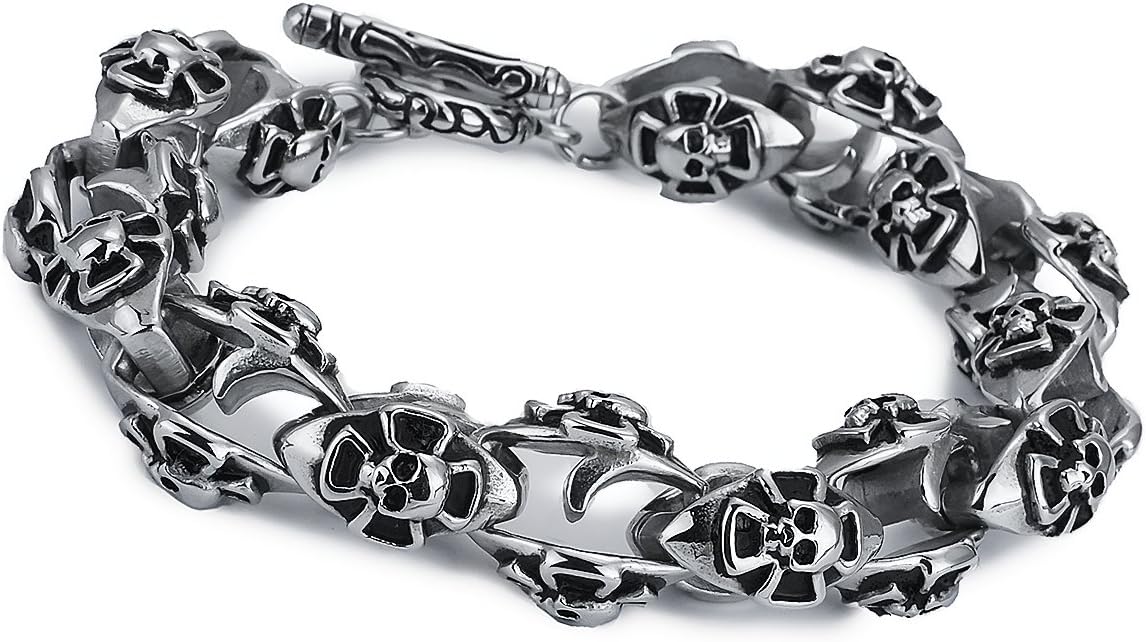 APE7® Stainless Steel Bracelet with Skull Cross Iron Cross Color Silver Polished Gothic Punk Biker