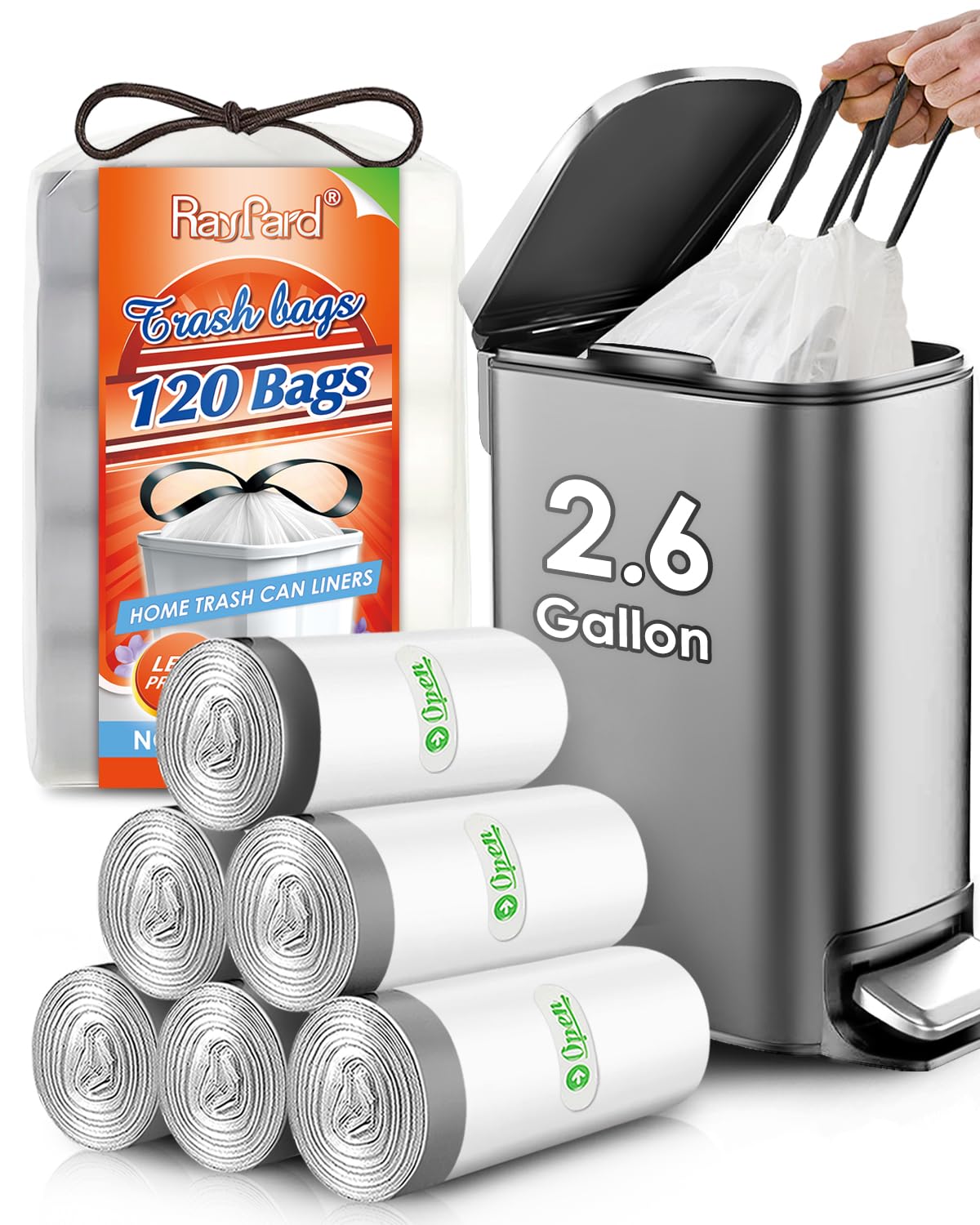 Photo 1 of 120 Counts 2.6 Gallon Small Drawstring Trash Bags Garbage Bags by RayPard, Small Strong Plastic Bags fit 7.5-10 Liter Trash Can for Home Office Kitchen Bathroom Bedroom, White Waste Basket Liners