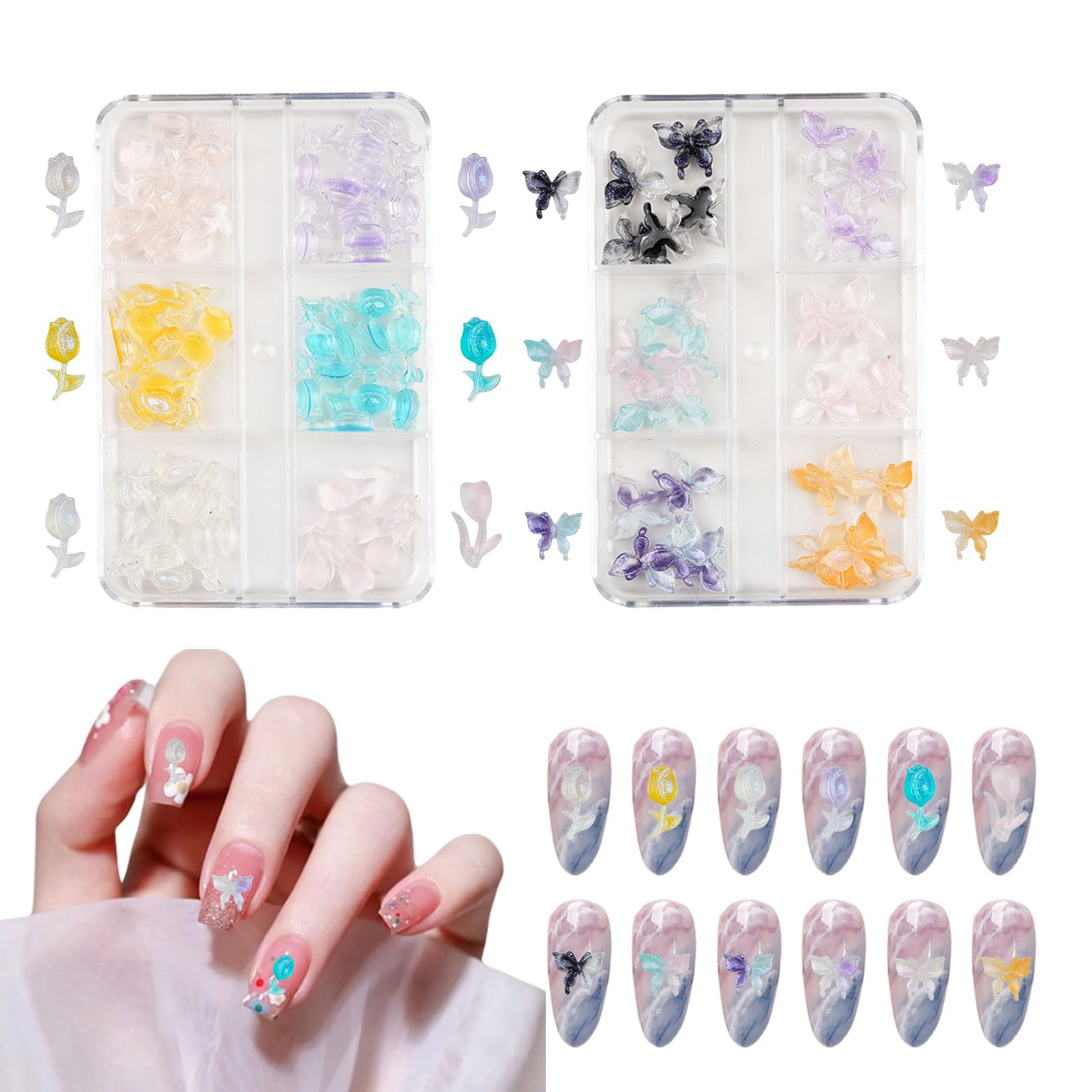 3D Butterfly Nail Charms,2Boxes 12Grids Butterfly Tulip Nail Art Charms,Resin Nail Charms and Gems Nail Supplies for Nail Art Design Decoration Jewelry Accessories DIY Crafts (D Pattern)