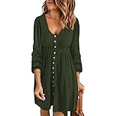 BTFBM Casual Fall Dresses for Women 2025 Long Sleeve Button Down Crew Neck Empire Waist A Line Mini Short HOCO Dress