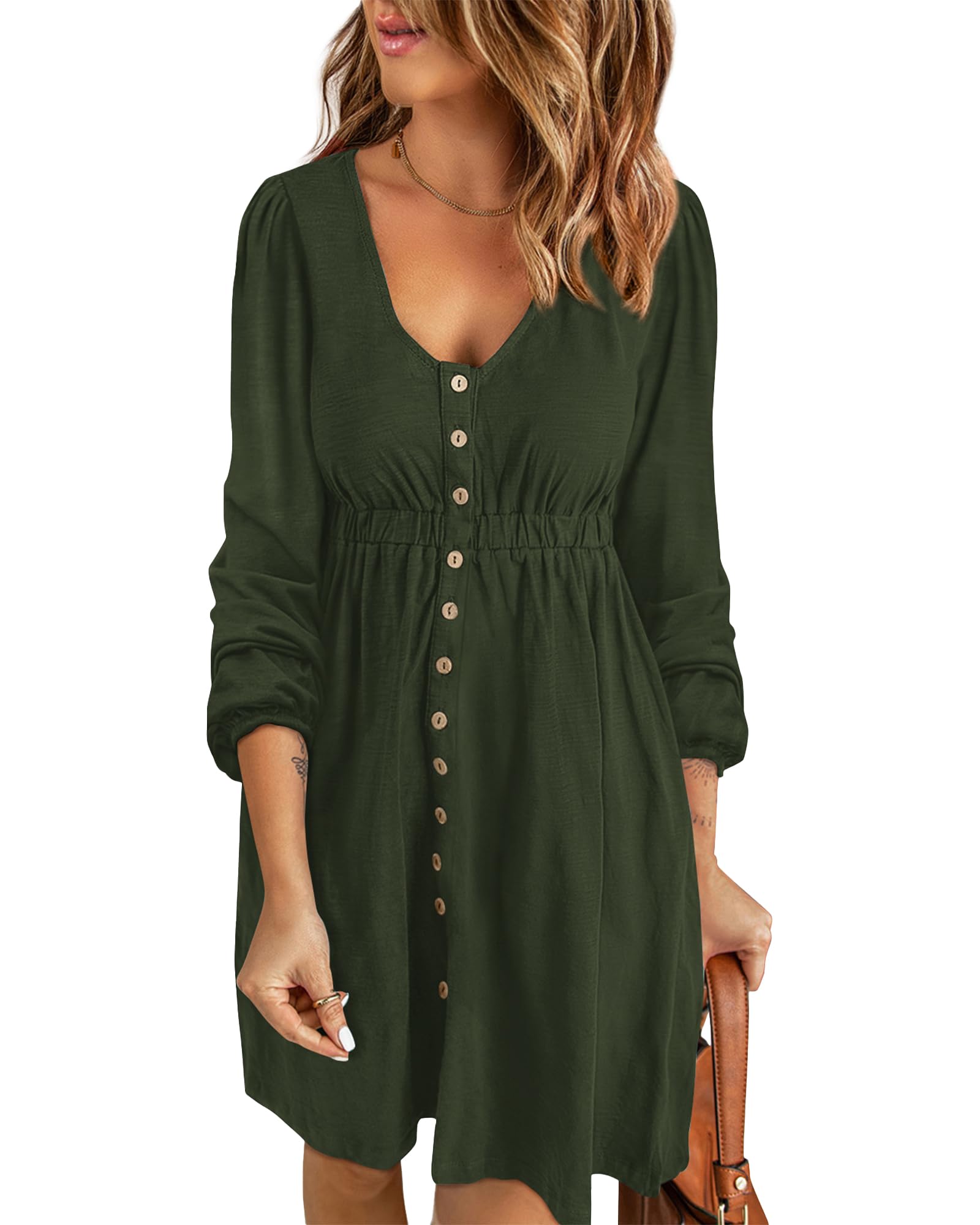 Photo 1 of ******SIMULAR TO PHOTO NOT EXACT****BTFBM Casual Fall Dresses for Women 2025 Long Sleeve Button Down Crew Neck Empire Waist A Line Mini Short HOCO Dress(Army Green, X-Large)