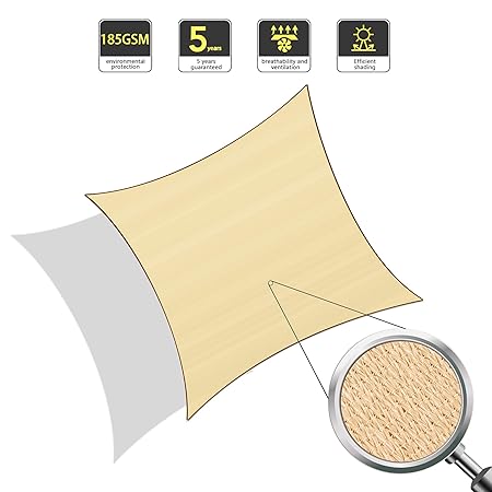 Sunnylaxx Quadrat 2x2m Sonnensegel Sonnenschutz Garten, UV-Schutz wetterbeständig HDPE Segel, Sand