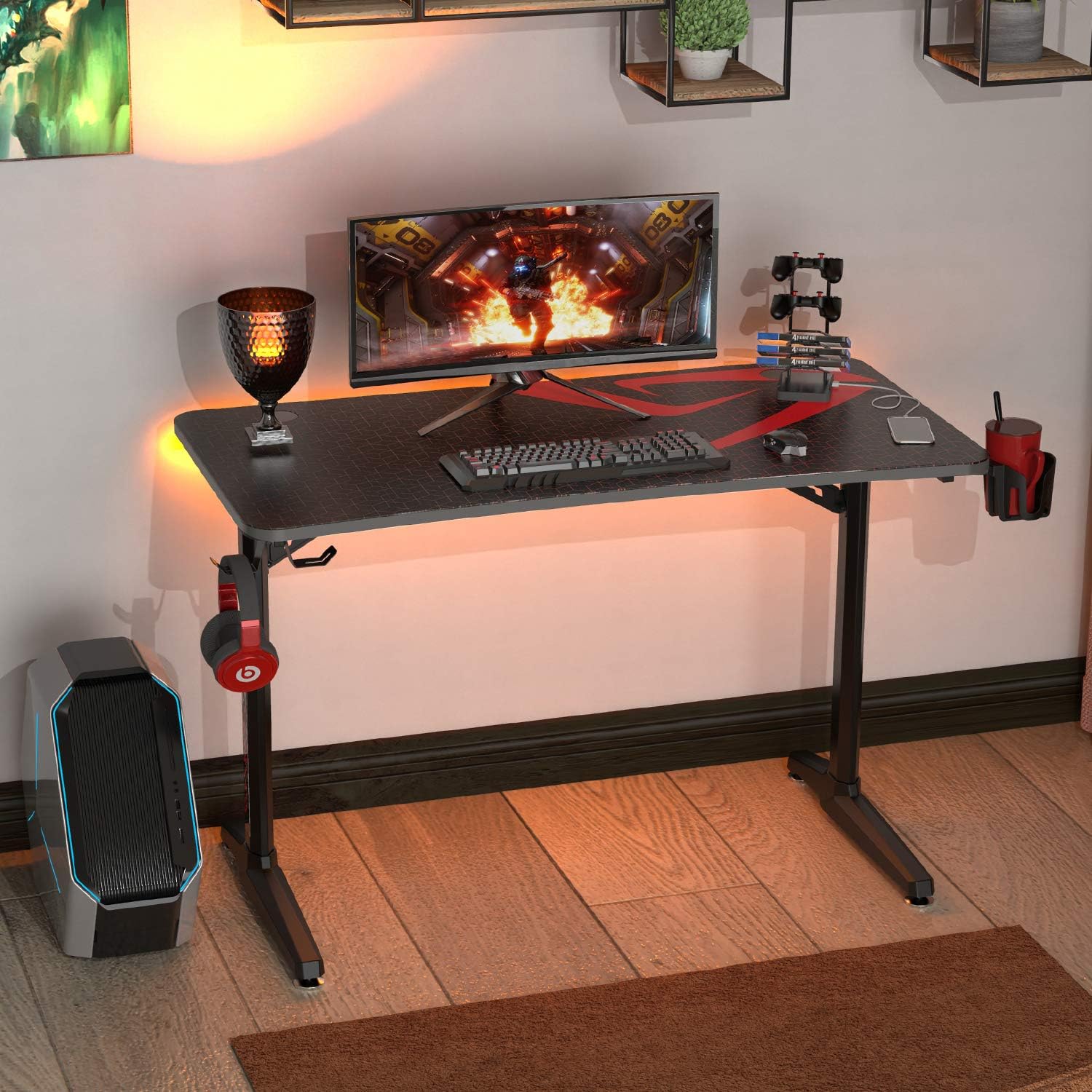 DESIGNA 47 inch Gaming Desk Racing Style, Computer Desk with Free Mouse pad, T-Shaped Professional Writing Table Workstation with USB Handle Rack, Cup Holder & Headphone Hook, Black: Kitchen & Dining