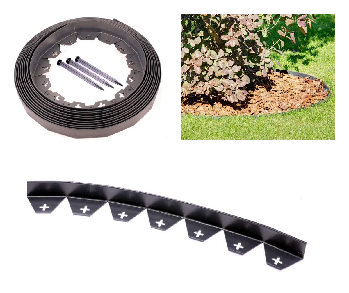 Zielona Aleja Black Flexible Plastic Garden Edging, Compact Style, 10m with 50 Pegs/Anchors