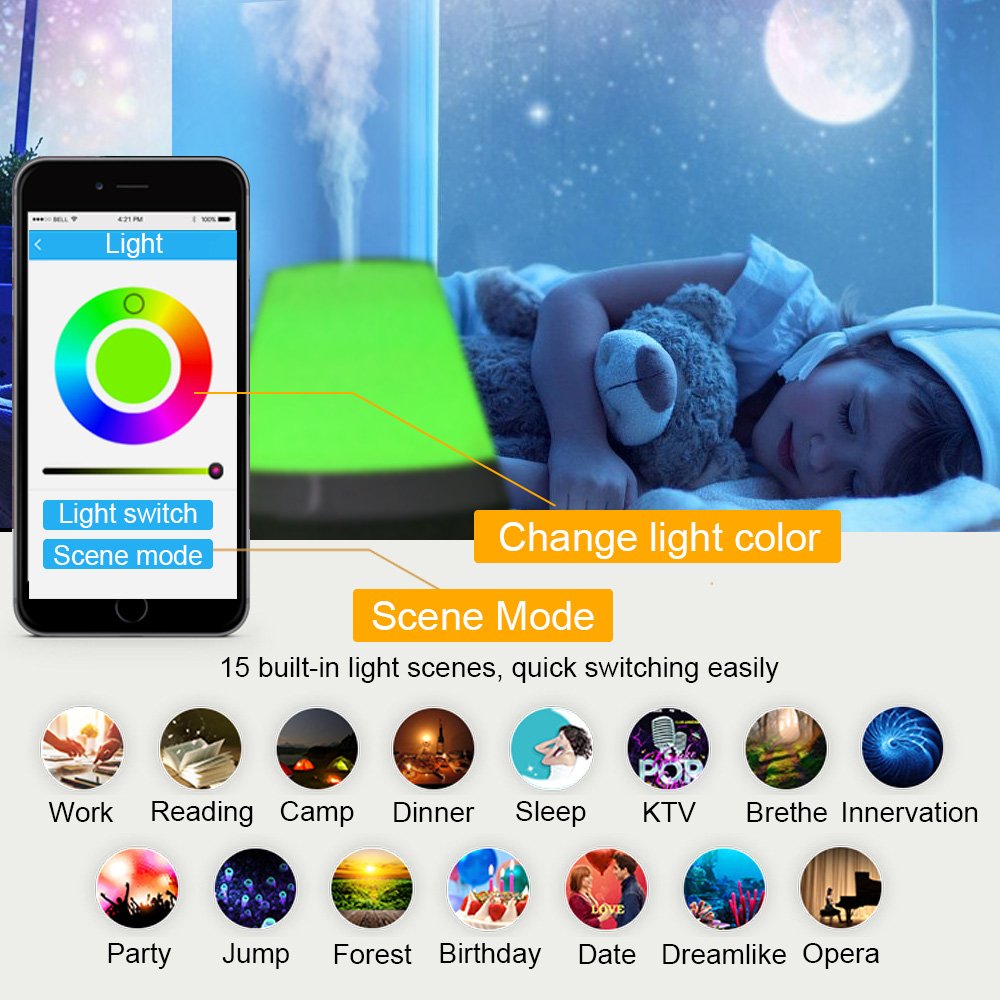 3-in-1 Cool Mist Humidifier Bluetooth Speaker Lamp, Smart Aroma Essential Oil Diffuser, VOSAKE Ultrasonic 300ml Mist Humidifier with 7 Color Lights Changing, Bluetooth Aroma Humidifier, Waterless Auto Shut-off & Timing, Alarm, 1-6 Hour Time