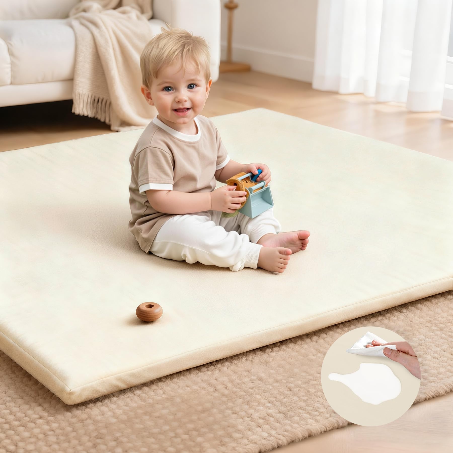 Photo 1 of Baby Play Mat for Floor,50 x 50 Playpen Mat,Non-Slip Leather&Thick Foam Rug,Removable Waterproof Cover,Easy Care for Kids Crawling,Yoga?Beige)