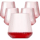 Lueumxc 40 Pack Plastic Ribbed Wine Glasses, 14Oz Origami Disposable Wine Glasses Unbreakable Clear Plastic Cocktail Glasses Recyclable Shatterproof Reusable Wine Cups (14oz-pink-40pack)