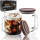 OWATRKDEY Glass Coffee Mugs Cups with Acacia Wood Lid 20 oz, Glass Mug Set of 2, Large Coffee Mug with Handles, Coffee Mugs for Latte, Espresso, Tea