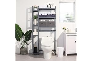 Homde Over The Toilet Storage with Basket and Drawer, Bamboo Bathroom Organizer with Adjustable Shelf & Waterproof Feet Pad, Space Saver Storage Rack for Bathroom, Restroom, Laundry,Grey