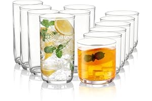 Kyraton Drinking Glasses Set of 12, PET Clear Plastic Highball Glasses 420ml & Whisky Cocktail Glasses Set 340ml, Heavy Duty 