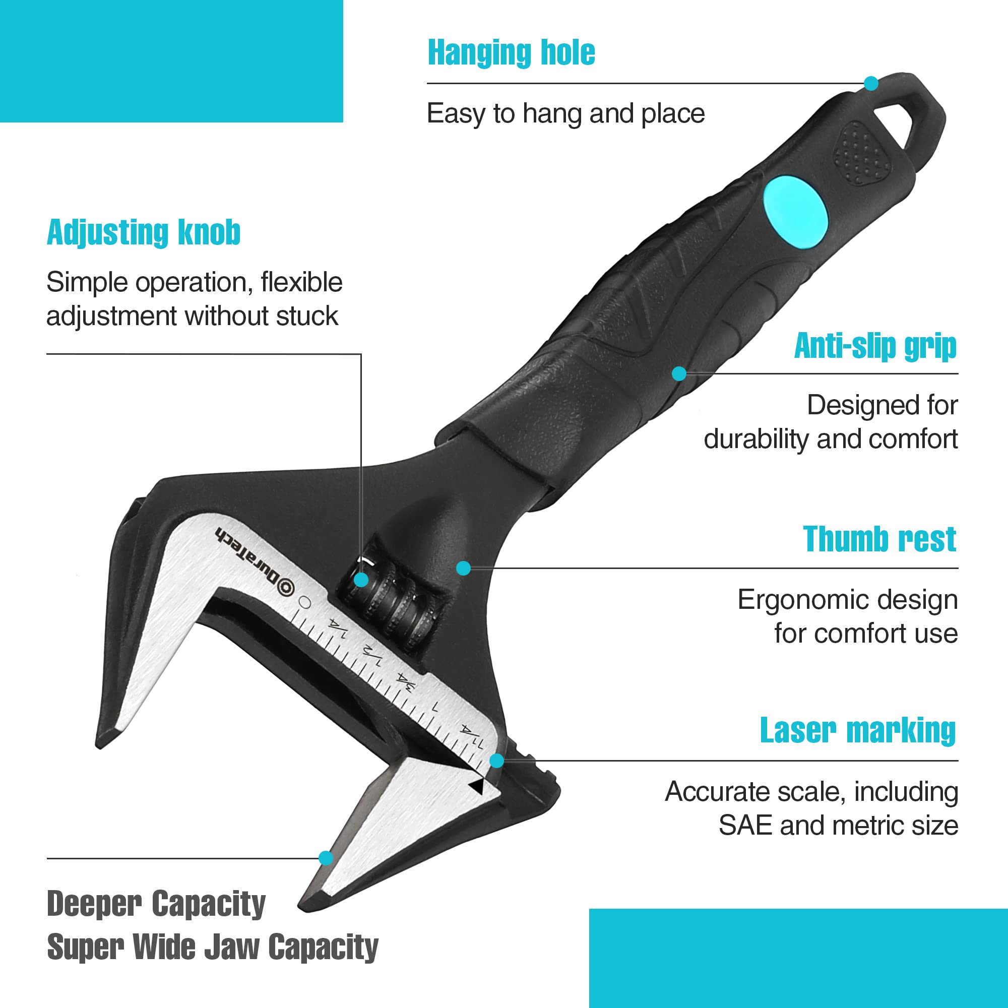 DURATECH 200 MM Verstellbarer Schraubenschlüssel, Große Öffnung Rollgabelschlüssel, Schwarz-oxidierte Oberfläche, Cr-V Stahl, SAE und Metrisch, ergonomischer Griff 3