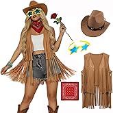 Utaomld Western Cowgirl Costume, Sleeveless Tassel Vest Cowboy Hat Glasses Bandanna 4pcs Halloween Themed Party Outfit