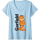 Women's Garfield Leaning Against Logo Cartoon Cat V-Neck T-Shirt