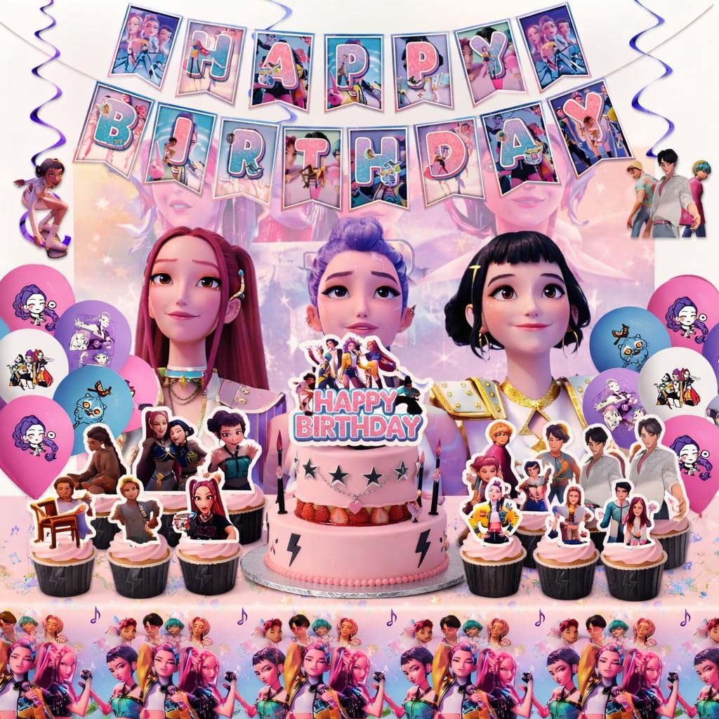 Kpop Demon Hunters Birthday Decorations, Party Supplies Set Include Banner, Backdrop, Balloons, Hanging Swirls, Cake Cupcake Toppers, Tablecloth for Boys Girls Theme Party