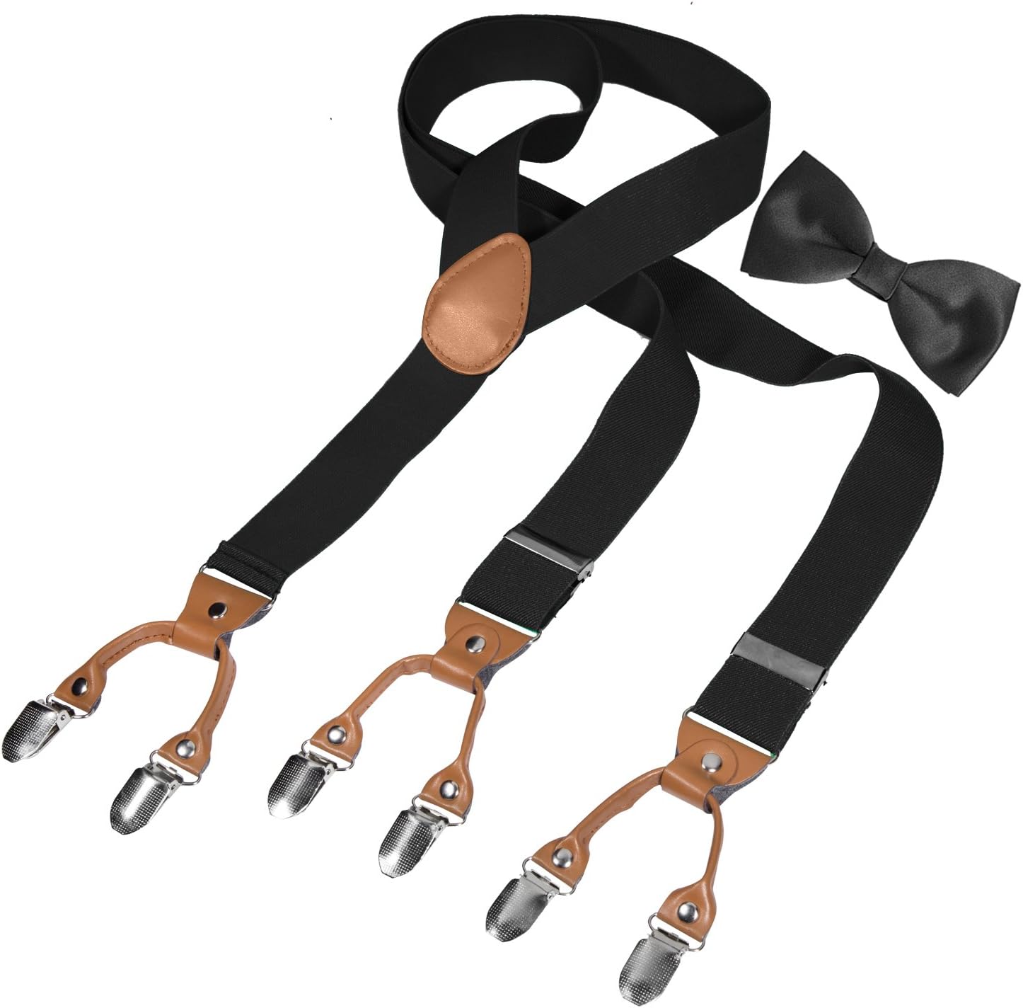 Trouser Braces Bow tie Set- With 6 Heavy Duty Strong Clips Elastic Comfy Mens/Womens Bow tie and Braces Suspenders