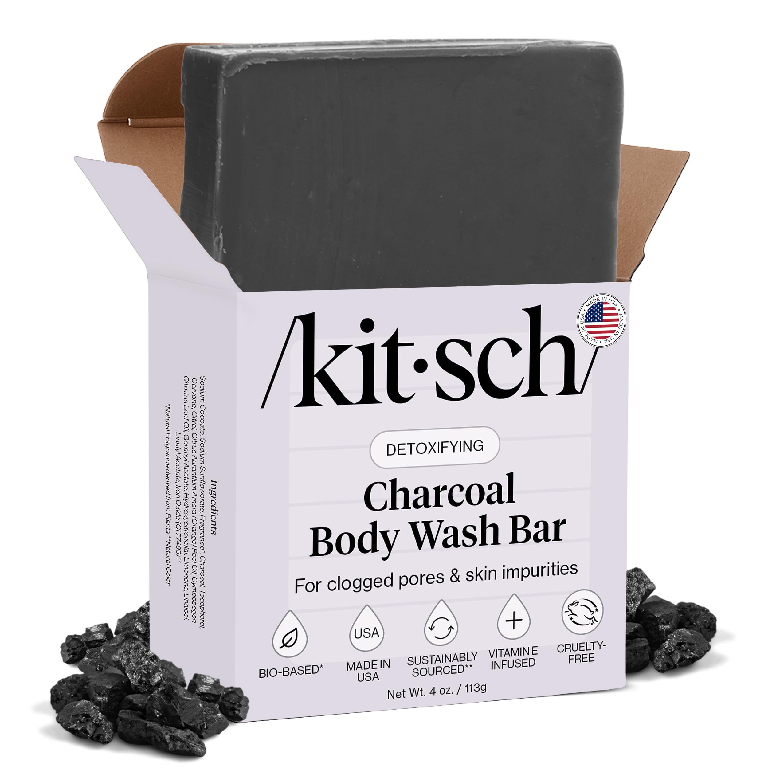 Kitsch Charcoal Soap Body Wash Bar – Detoxifying Bar Soap with Activated Charcoal – Gently Removes Excess Oil & Impurities, Clears Pores, Firms & Moisturizes Skin - 4 oz