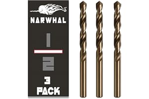 Narwhal 1/2 Inch Cobalt Drill Bits (3 Pack - Industrial Grade M35 Cobalt) 6" Length & 135 Degree Split Point for Drilling Into Metal, Hardened & Stainless Steel, Cast Iron, & More!