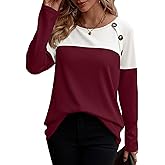 Zeagoo Women Waffle Knit Shirts Long Sleeve Colorblock Tee Button Detail Tunics