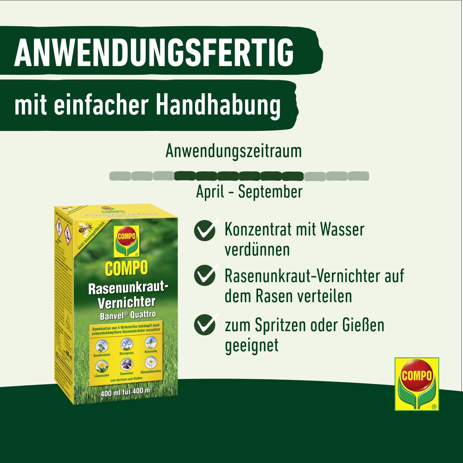 COMPO Rasenunkraut-Vernichter Banvel Quattro, Bekämpfung von schwerbekämpfbaren Unkräutern im Rasen, Konzentrat, 400 ml (400 m²) 4