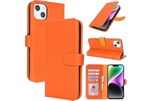 Zouzt Case for iPhone 14/13 6.1" Genuine Leather Wallet Case with 4 Card Slot, RFID Blocking Card Holder Magnetic Flip Folio Kickstand Shockproof Phone Cover Women Men for iPhone 14/13 - Orange