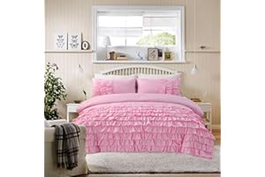 Holawakaka Pink Waterfall Ruffle Comforter Set Full Size Multi-Layers Ruffled Shabby Chic 3PCS Bedding Set for Girls Women, Pink Full