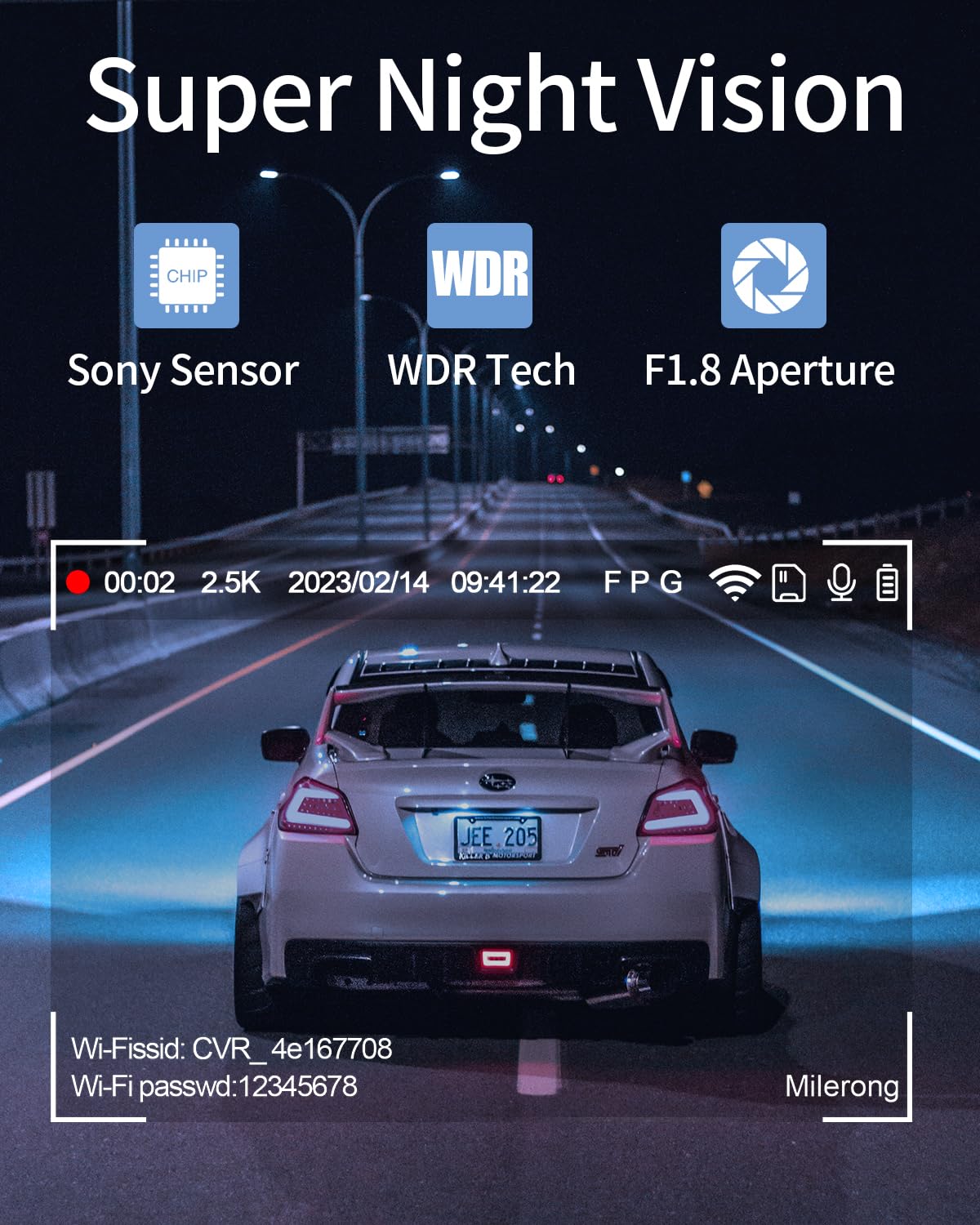 Milerong Dash Cam Front and Rear Wireless with 64GB Card/APP Control, 2.5K Dashcams Front+1080P Rear Dash Camera for Cars,3