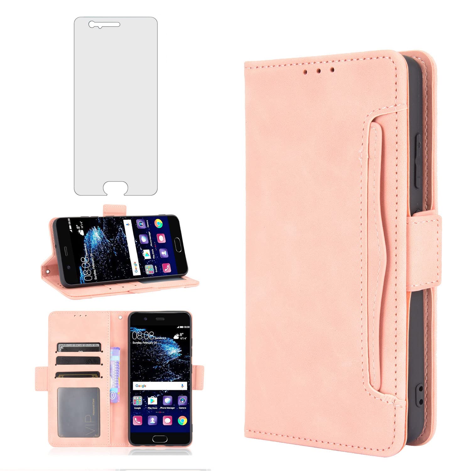 Asuwish Compatible with Huawei P10 Wallet Case Tempered Glass Screen Protector and Leather Flip Cover Card Holder Stand Cell Accessories Phone Cases for Hawaii P 10 10P VTR-L09 Women Men Rose Gold
