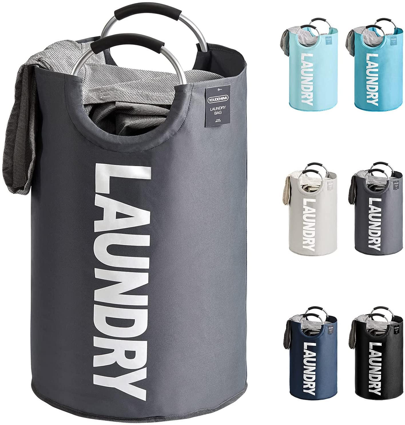 YOUDENOVA Laundry Basket Bag Collapsible 82L Washing Basket Fabric Foldable Large Laundry Hamper for Bedroom Grey