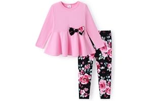 PATPAT Toddler Kids Girls 2Pcs Clothes Set Bowknot Design Ruffle Hem Long Sleeve Top and Floral Print Pant Outfits