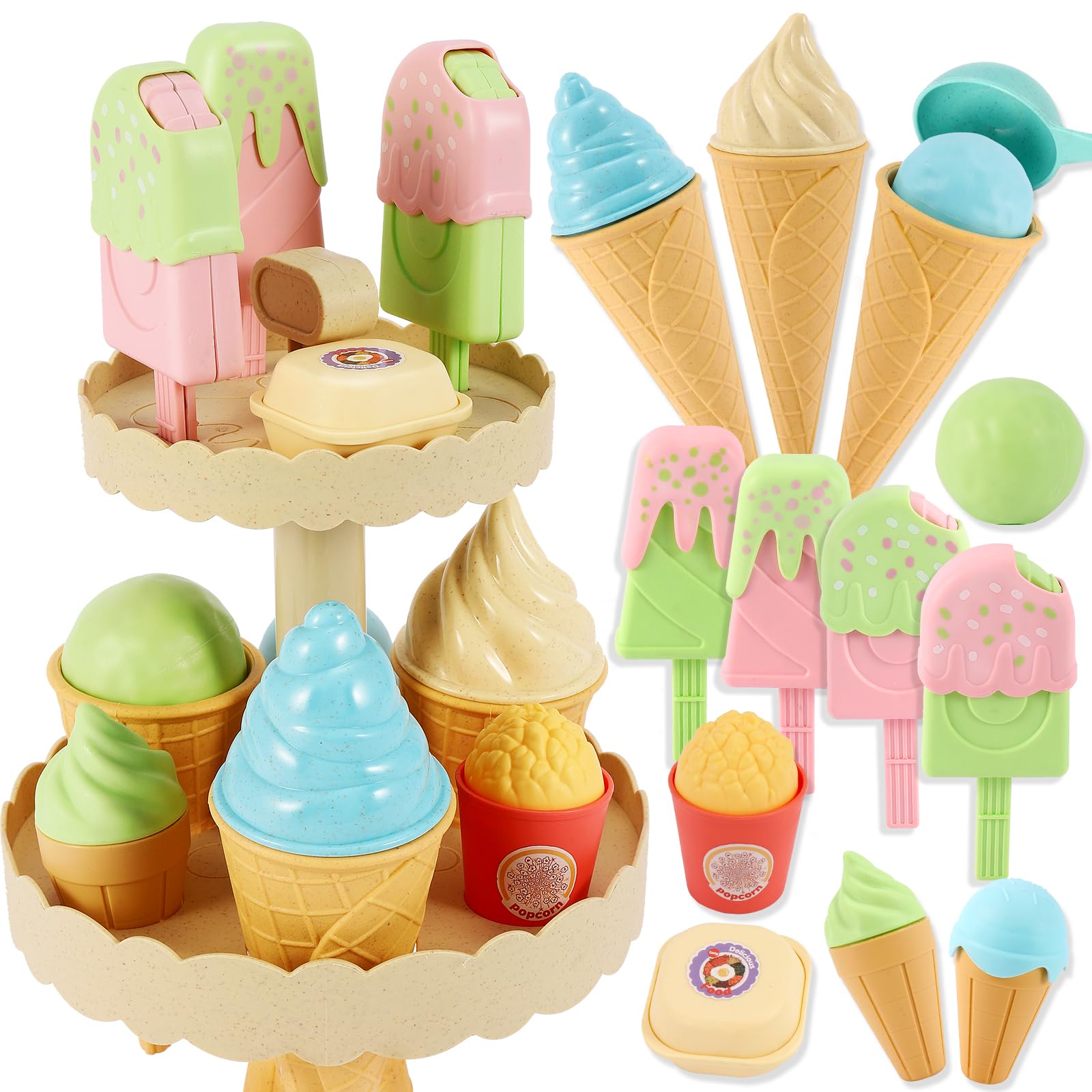 AOLEVA Toy Ice Cream Play Food Sets for Kids Kitchen 3 4 5+ Years Olds Play Kitchen Toys Accessories Pretend Role Play Ice Cream Shop Store Toys for Kids Toddler Girls Boys