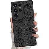 MZELQ for Samsung Galaxy S25 Ultra Case, Silicone Black Floral Flowers Sunflowers Cute Pattern, Camera Protection Soft Slim Phone Case for Girls Women -Black