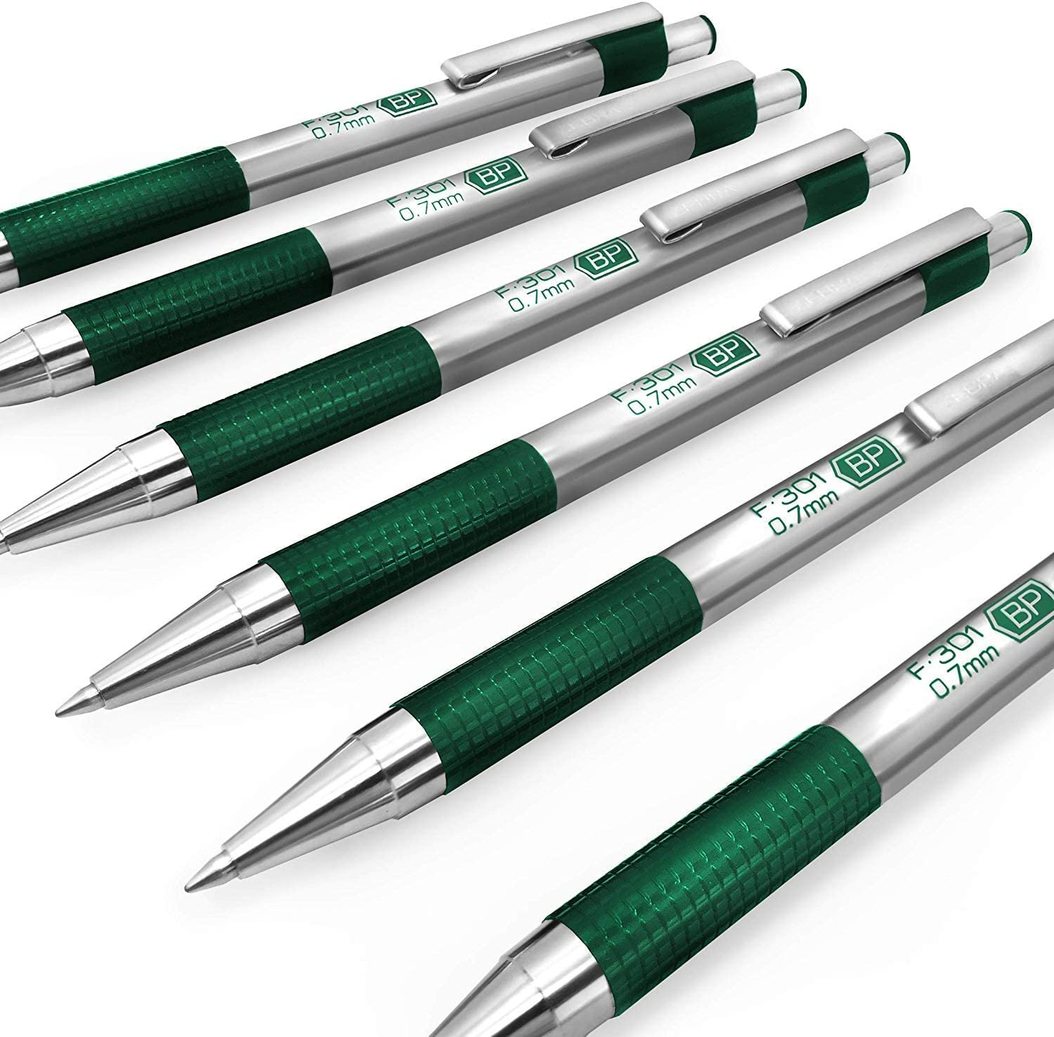 Zebra F-301 - Stainless Steel Retractable Ballpoint Pen - 0.7mm Medium - BLUE Ink - Green Barrel - Pack of 6